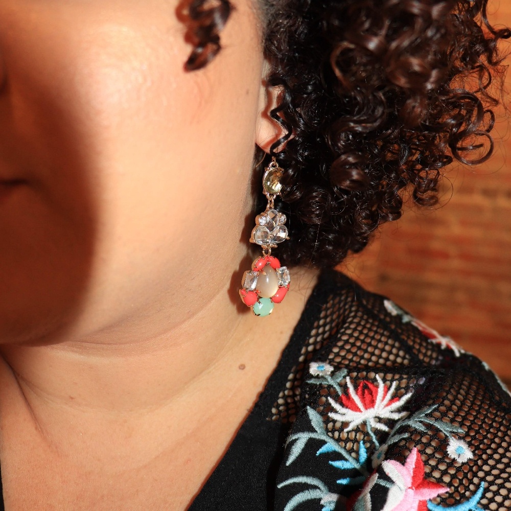 Jeweled dropped earrings in fiery red and mint